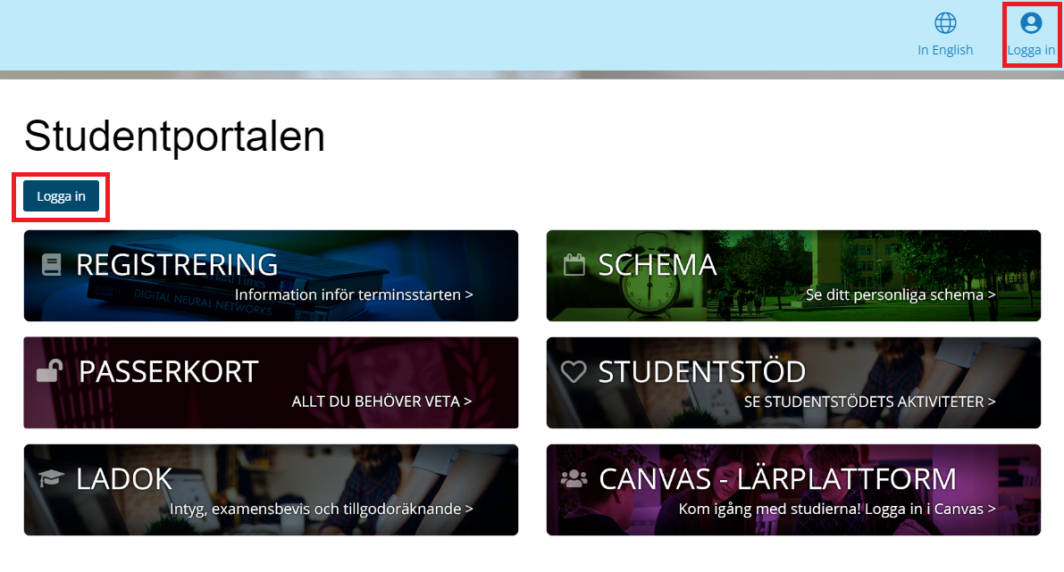 Studentportalens startsida med markering runt Logga in-knapparna.