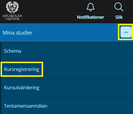 Menyn i Studentportalen med markering var man hittar länk till kursregistrering.