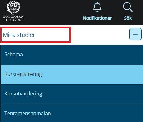 Studentportalens meny med markering av länken till Mina studier.