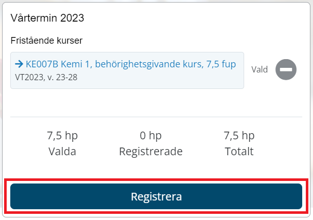 Exempel på när man har valt kurs för registrering, samt markering var man klickar för att slutföra registreringen.