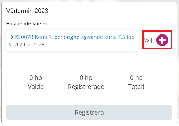 Exempel på hur tjänsten för kursregistrering ser ut med markering var man väljer kurser.