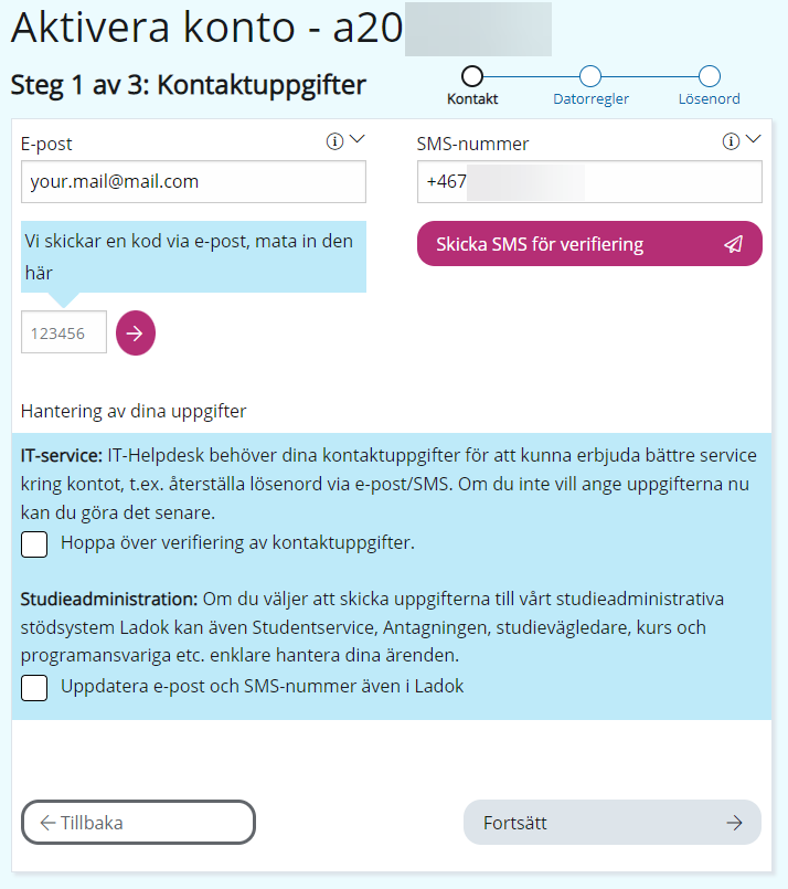 Sida där kontaktuppgifter verifieras. Ange e-post, SMS-nummer och verifieringskod.