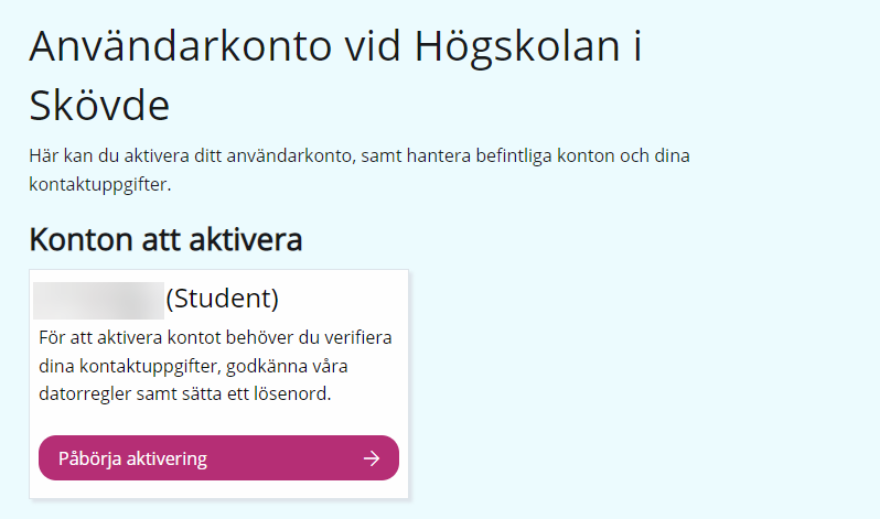Startsida konto.his.se där kontoaktivering kan påbörjas.