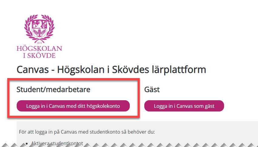 Inloggningssida för Canvas