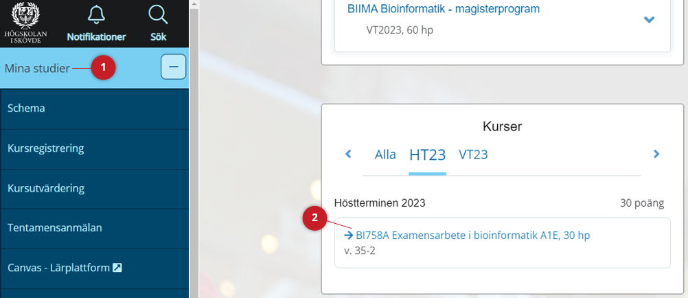 Mina studier, l&auml;nk till kurssida f&ouml;r examensarbete