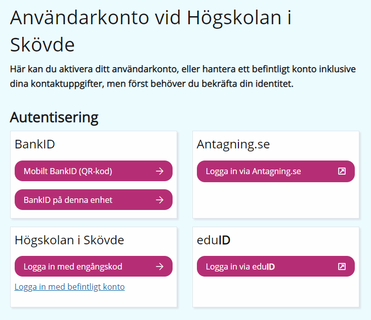 Inloggningssida på konto.his.se. Knappar för att välja autentiseringsmetod (BankID, Antagning.se, engångskod, eller eduID).