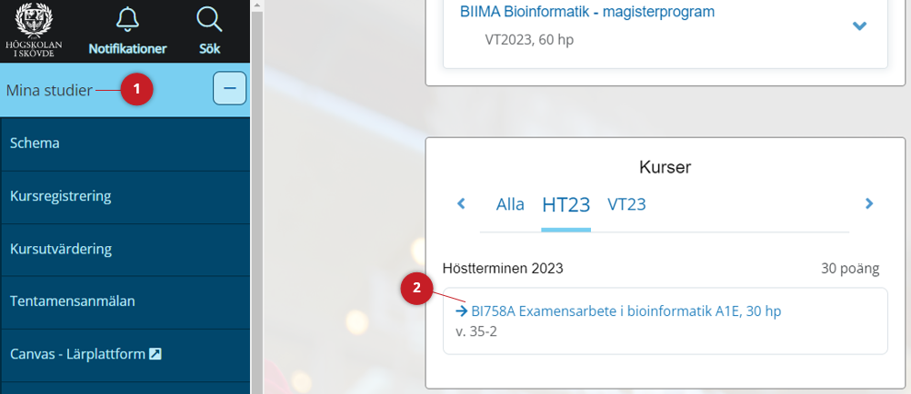 Mina studier, länk till kurssida för examensarbete