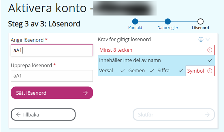 Bild på formulär för att välja lösenord (textfält för att ange och upprepa, knapp "Sätt lösenord", samt regler för lösenord).